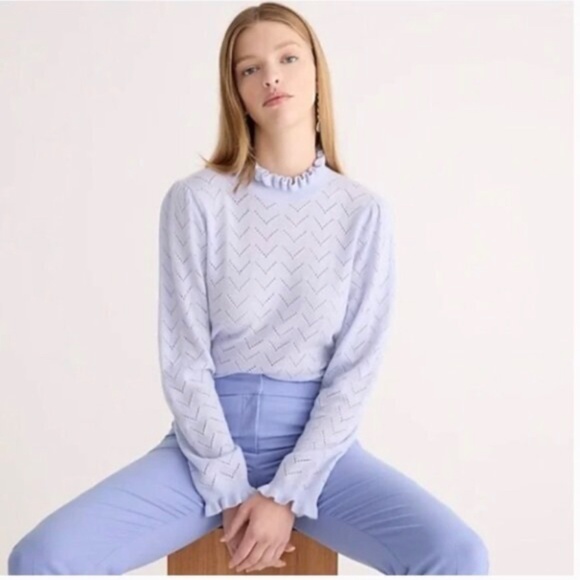 J. Crew Womens Cashmere Ruffles Pointelle Mockneck Sweater in Shale Blue XS - Picture 1 of 5